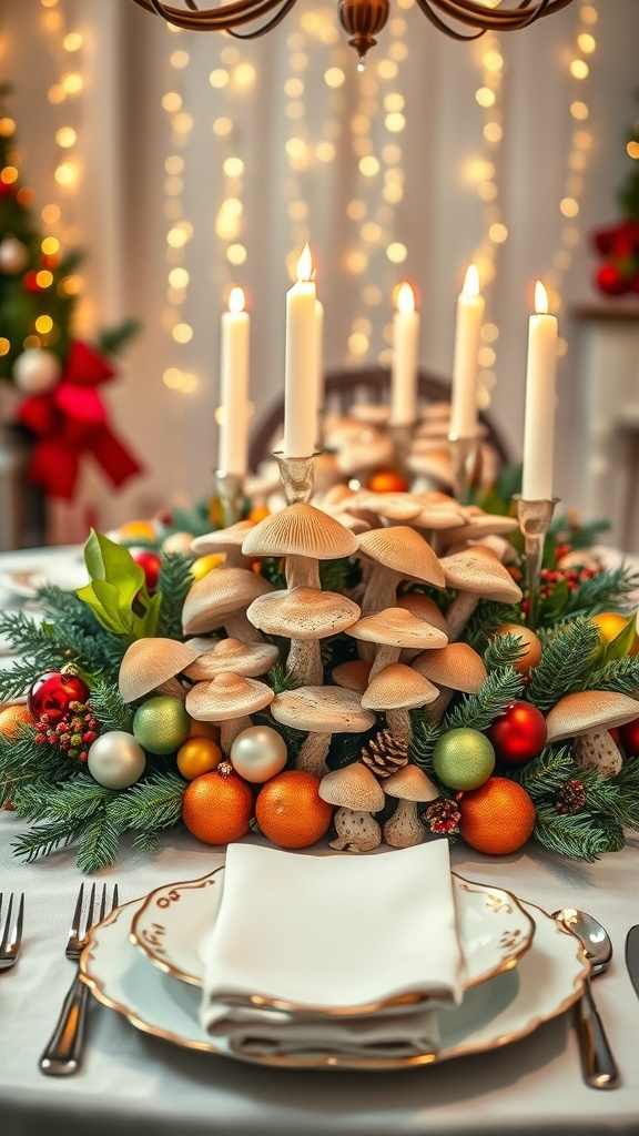 Christmas table centerpiece with mushrooms, greenery, and candles.